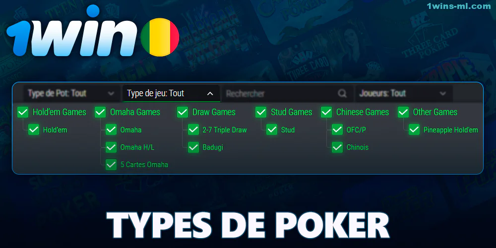 Types de poker disponibles sur 1Win